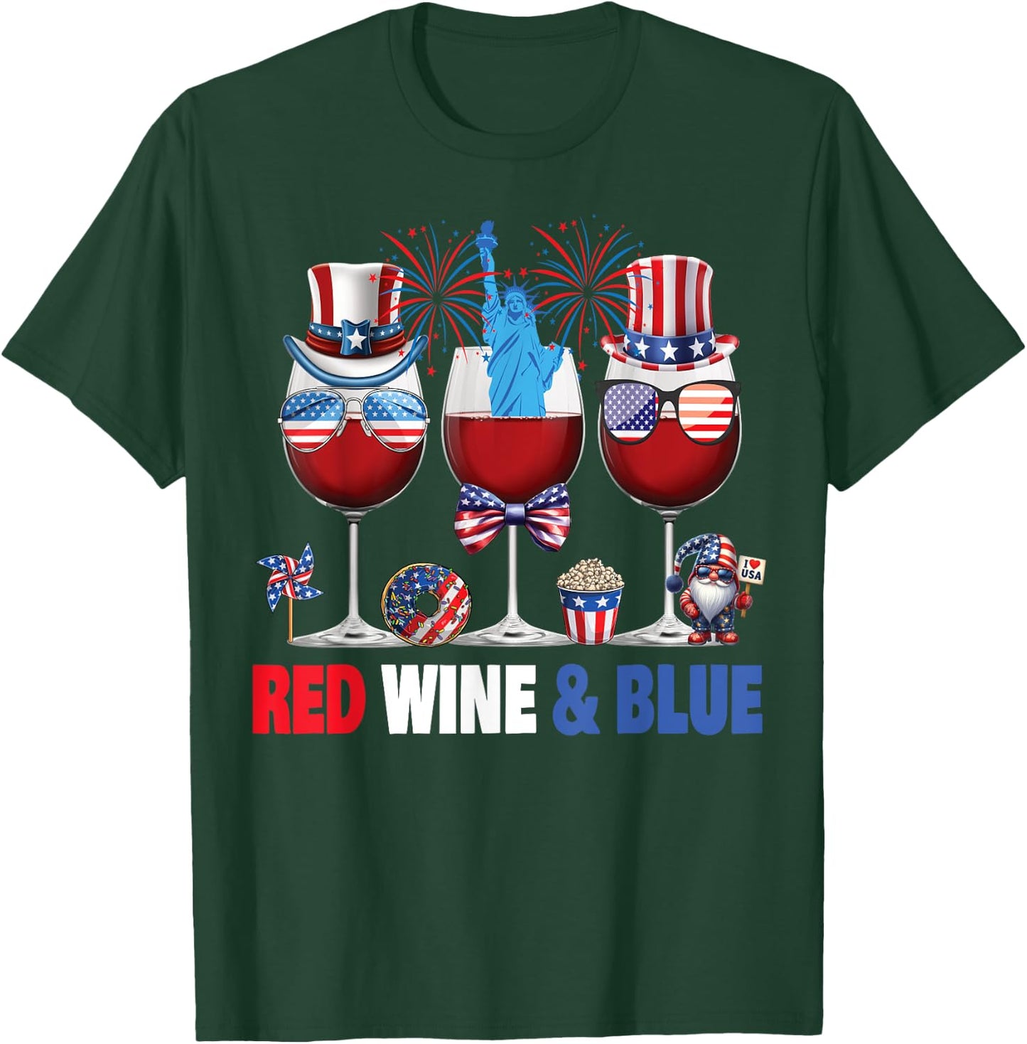 Red Wine Blue Wine Glasses Patriotic USA Flag 4th of July Women Men T-Shirt - T-Shirt | Forest