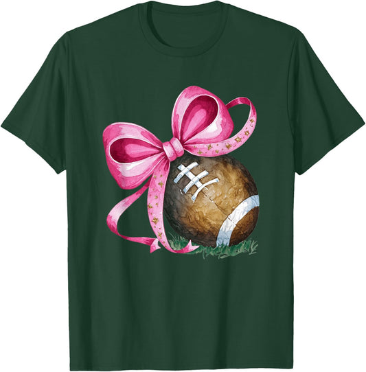 Football Mom Coquette Bow Game Day Women Girls Kids Football T-Shirt - T-Shirt | Forest