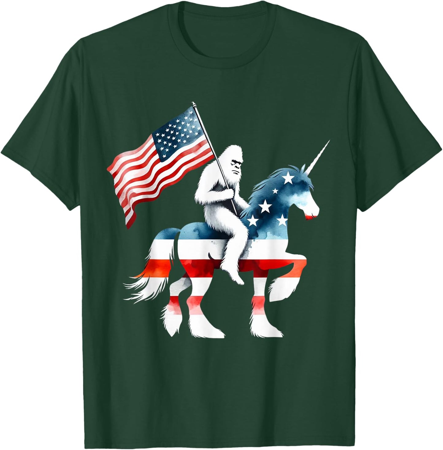 Patriotic Bigfoot Riding Unicorn American Flag 4th Of July Women Kids Men T-Shirt - T-Shirt | Forest