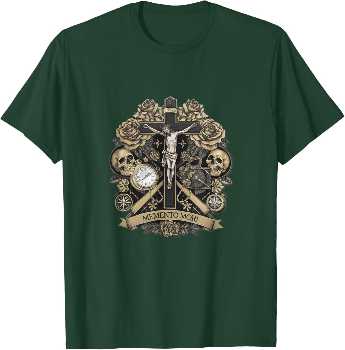 Memento Mori Catholic Crucifix Traditional Latin Mass Skull T-Shirt - T-Shirt | Forest