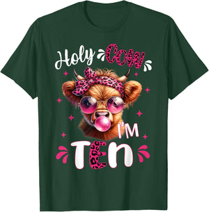I'm Ten Years Old Girl It's My 10th Birthday Highland Cow T-Shirt - T-Shirt | Forest