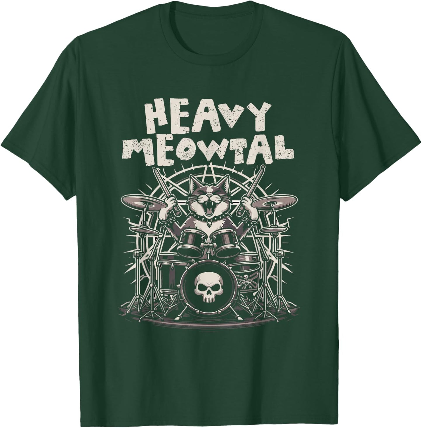 Heavy Meowtal Funny Cat Playing Drums Drummer Cat Meow Men Women Girls Kids T-Shirt - T-Shirt | Forest