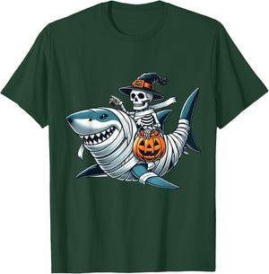 Skeleton Riding Shark Funny Halloween Pumpkin Boys Kids T-Shirt - T-Shirt | Forest