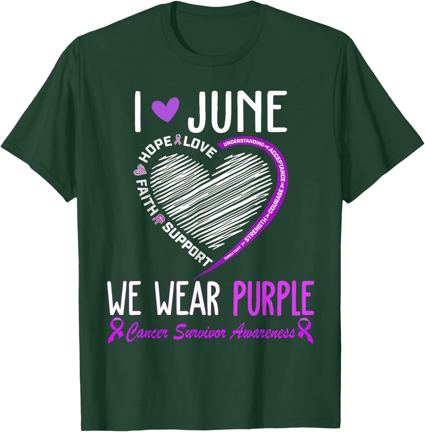 In June We Wear Purple Cancer Survivor Awareness Heart T-Shirt - T-Shirt | Forest