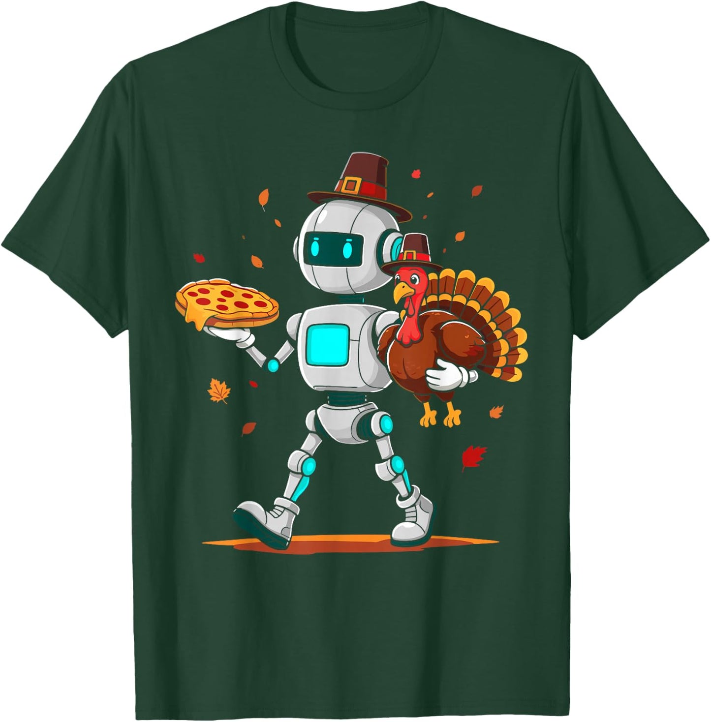 Robot holding turkey pizza thanksgiving fall kids men women T-Shirt - T-Shirt | Forest
