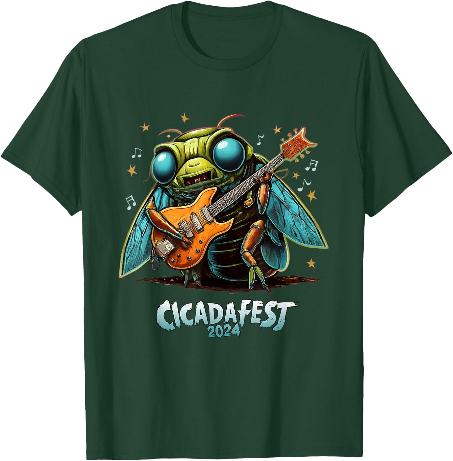 Dibble Dabble Designs Cicadas Cicada fest 2024 Guitar Playing Cicada , Small, Black T-Shirt - T-Shirt | Forest