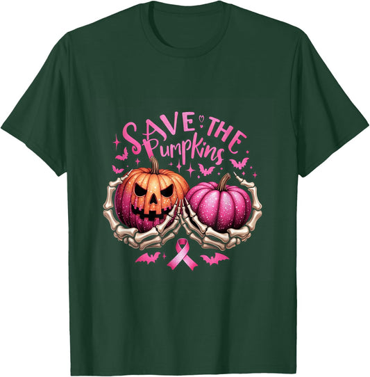 Save The Pumpkins Skeleton Halloween Breast Cancer Awareness T-Shirt - T-Shirt | Forest