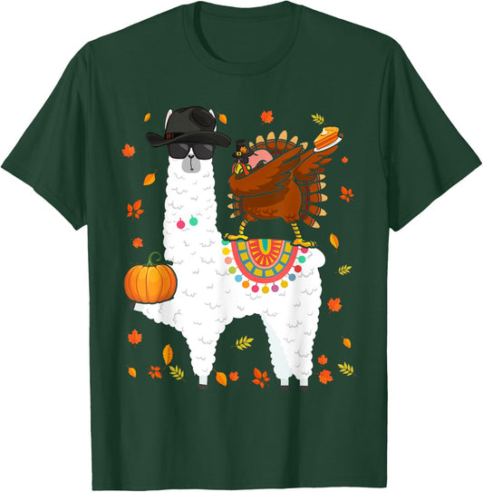 Dabbing Turkey Riding Llama Thanksgiving Llama Lover T-Shirt - T-Shirt | Forest