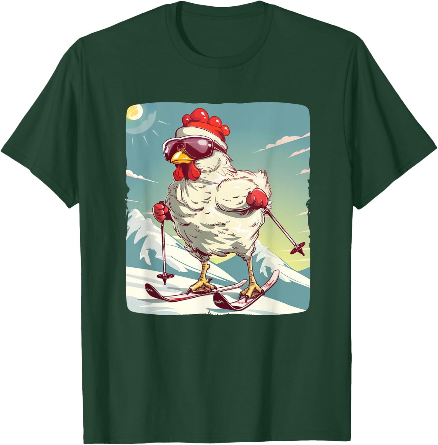 Funny Winter Chicken with Cross-country skiing Shoes Outfit T-Shirt - T-Shirt | Forest