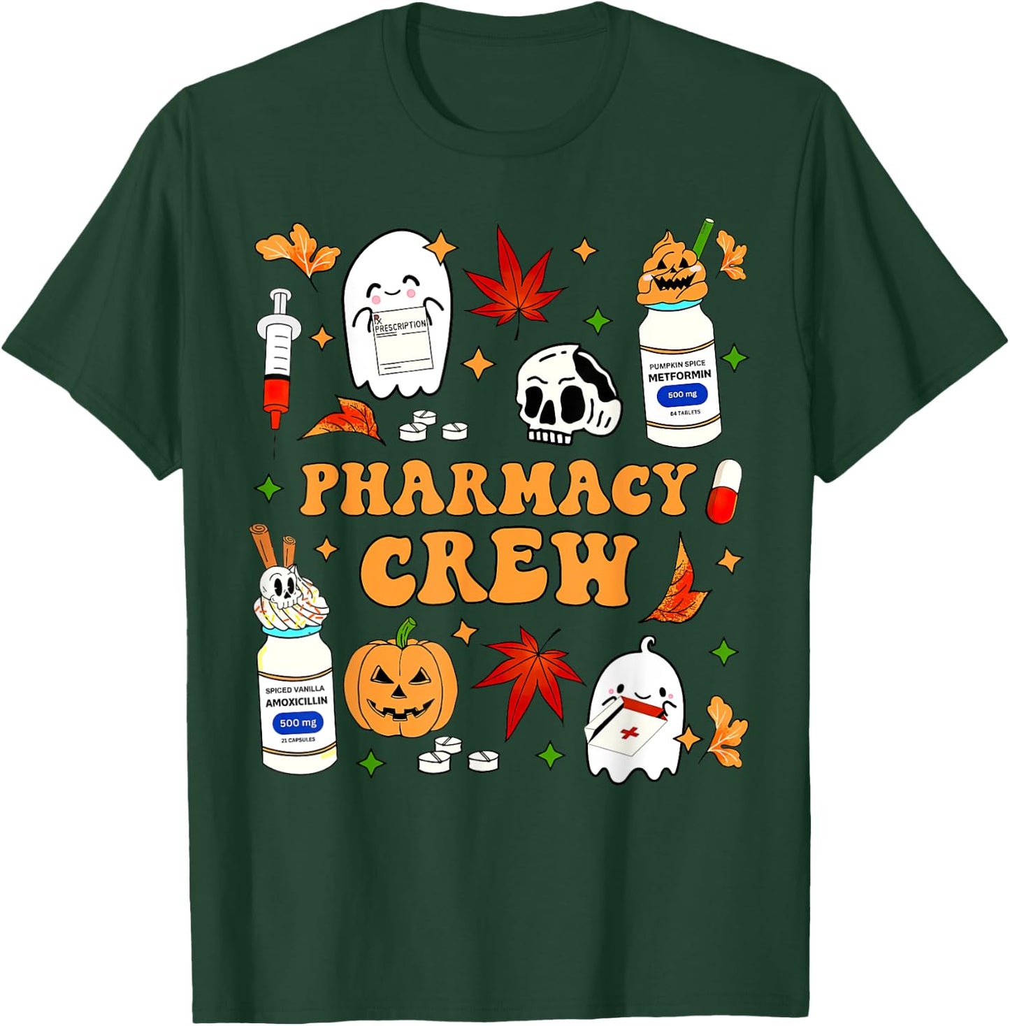 Pharmacy Crew Ghost Pumpkin Fall Pharmacist Tech Halloween T-Shirt - T-Shirt | Forest