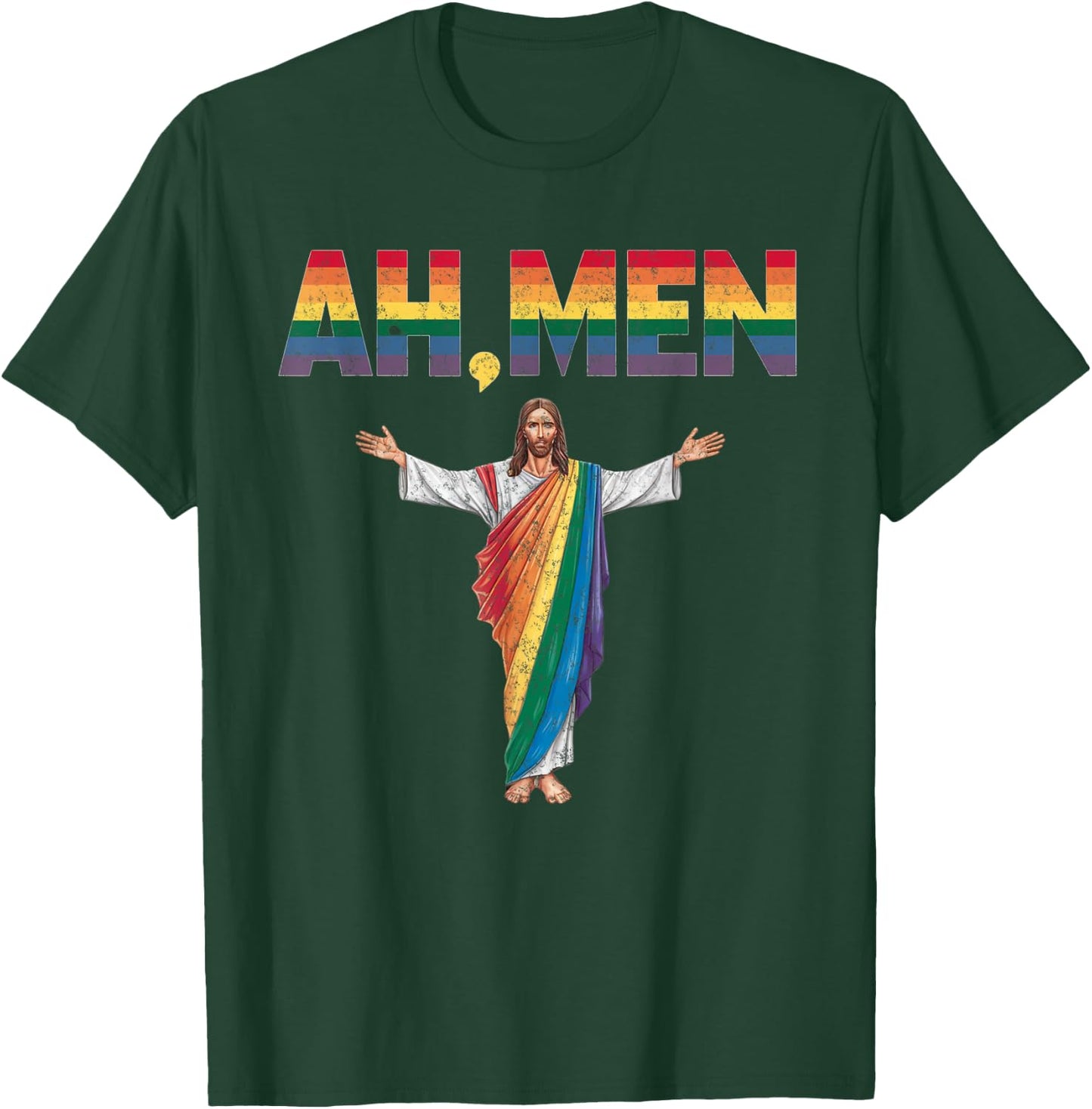 Ah-Men Funny Gay Pride Rainbow Jesus Graphic T-Shirt - T-Shirt | Forest