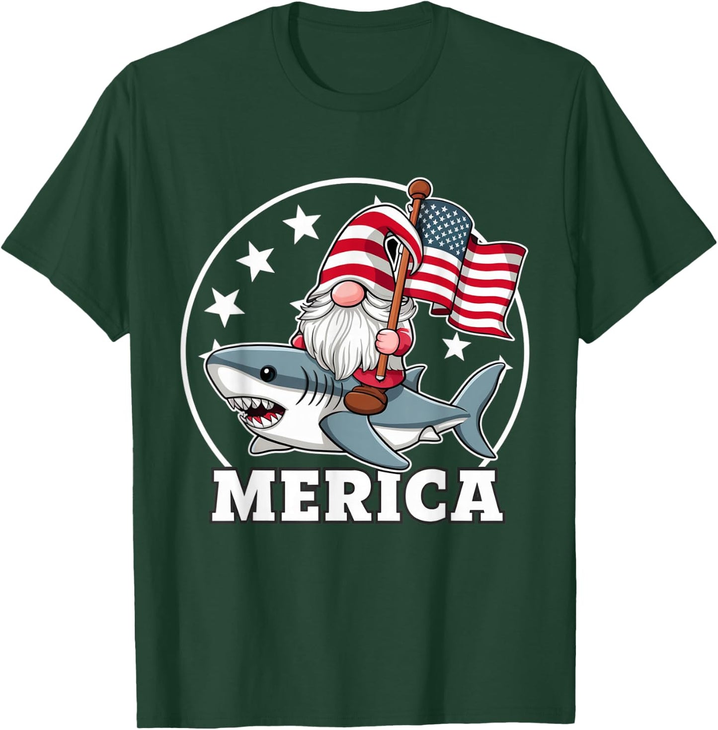 Funny Gnome Riding Shark American Flag USA 4th of July T-Shirt - T-Shirt | Forest