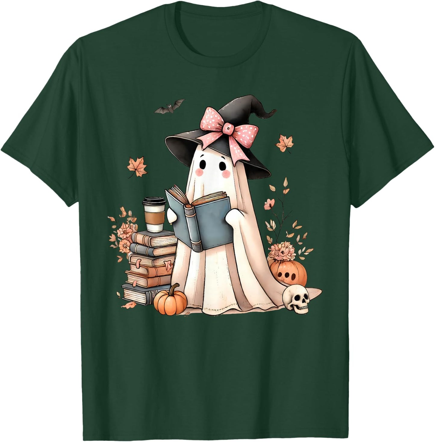 Retro Halloween Ghost Reading Books Teacher T-Shirt - T-Shirt | Forest