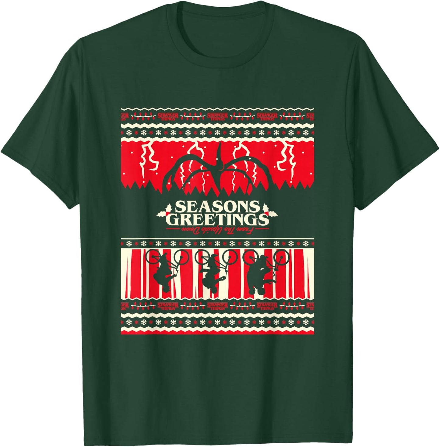 Stranger Things Christmas Seasons Greetings Upside Down Logo T-Shirt - T-Shirt | Forest