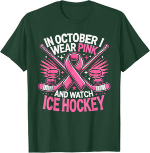 Ice Hockey Breast Cancer Awareness Month Pink Ribbon T-Shirt - T-Shirt | Forest