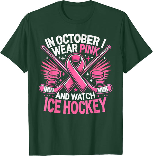 Ice Hockey Breast Cancer Awareness Month Pink Ribbon T-Shirt - T-Shirt | Forest