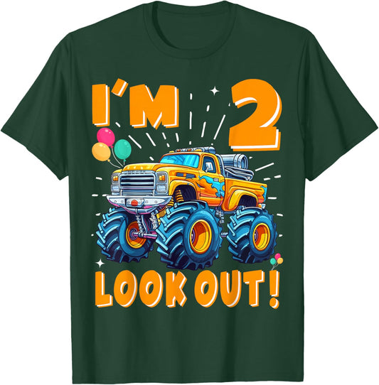 Two 2nd Birthday Boy Monster Truck Car 2 Years Old T-Shirt - T-Shirt | Forest