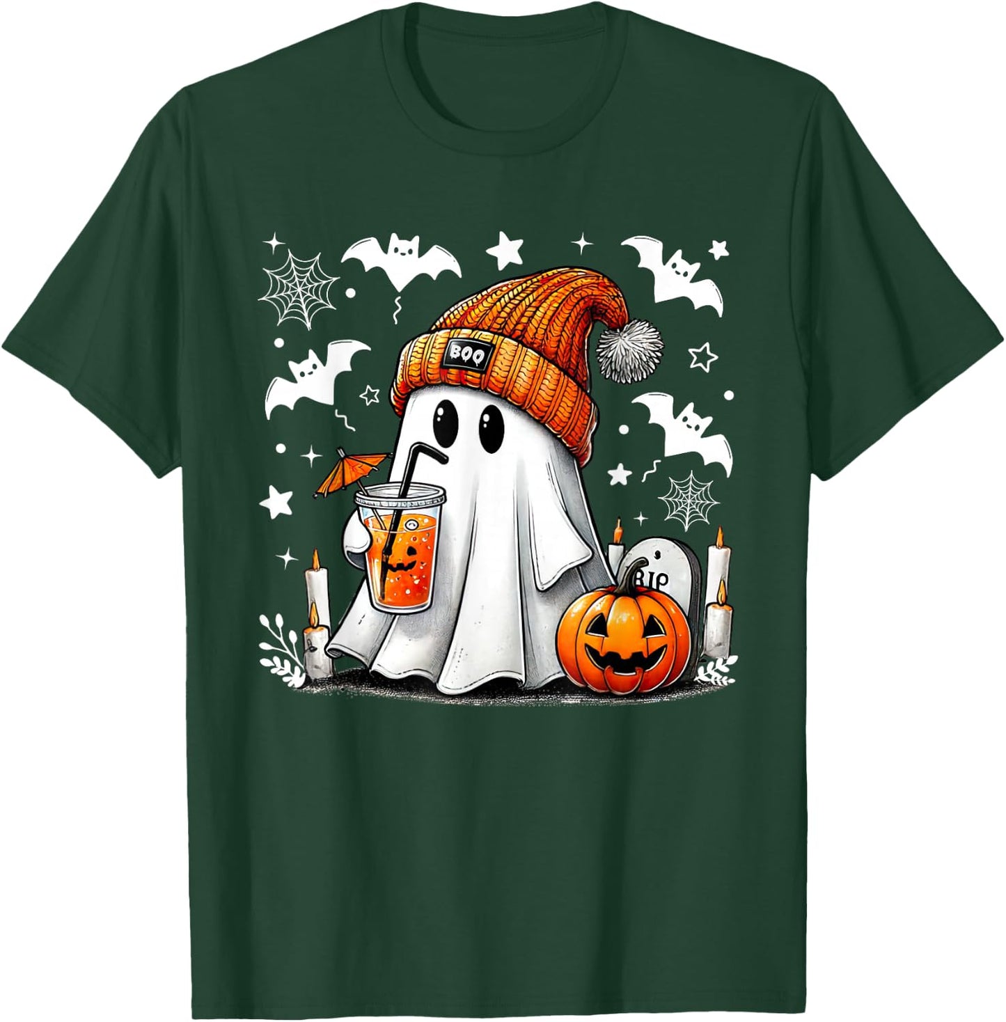 Cute Ghost Drinking Coffee Halloween Ghost Coffee T-Shirt - T-Shirt | Forest