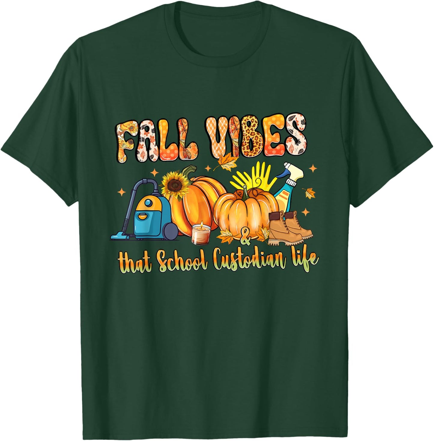 Fall Vibes & That School Custodian Life Pumpkin Leopard T-Shirt - T-Shirt | Forest