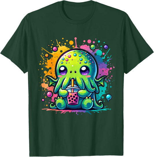 Cthulhu Kawaii Anime Alien Bubble Tea T-Shirt - T-Shirt | Forest