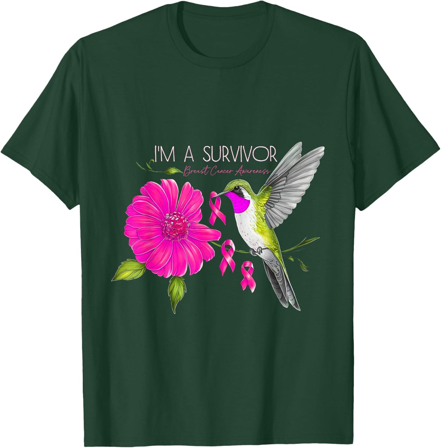 Hummingbird Sunflower I'm A Survivor Breast Cancer Awareness T-Shirt - T-Shirt | Forest