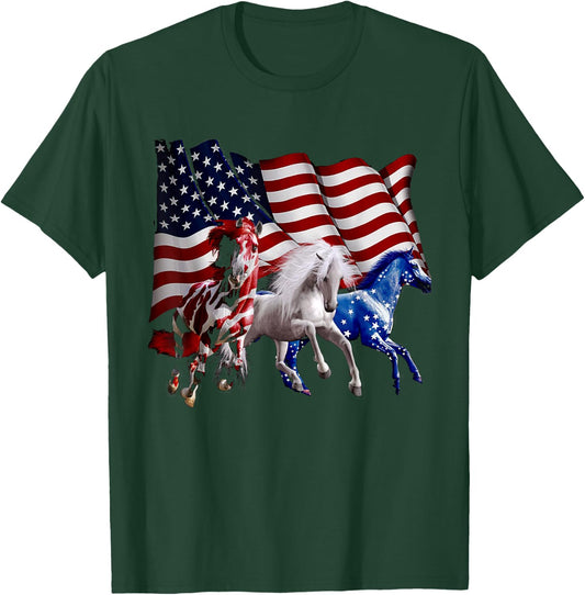 Happy 4th Of July American Flag Red White Horse And Blue T-Shirt - T-Shirt | Forest
