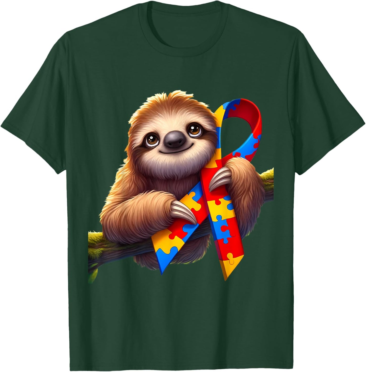 Autism Awareness Cute Sloth Yellow Red Blue Animal Ribbon T-Shirt - T-Shirt | Forest