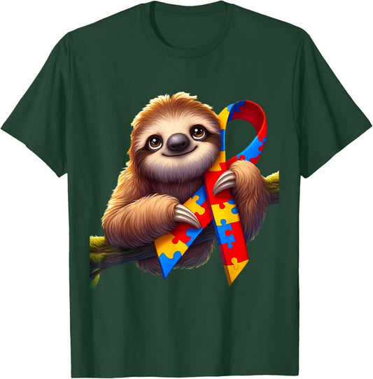 Autism Awareness Cute Sloth Yellow Red Blue Animal Ribbon T-Shirt - T-Shirt | Forest