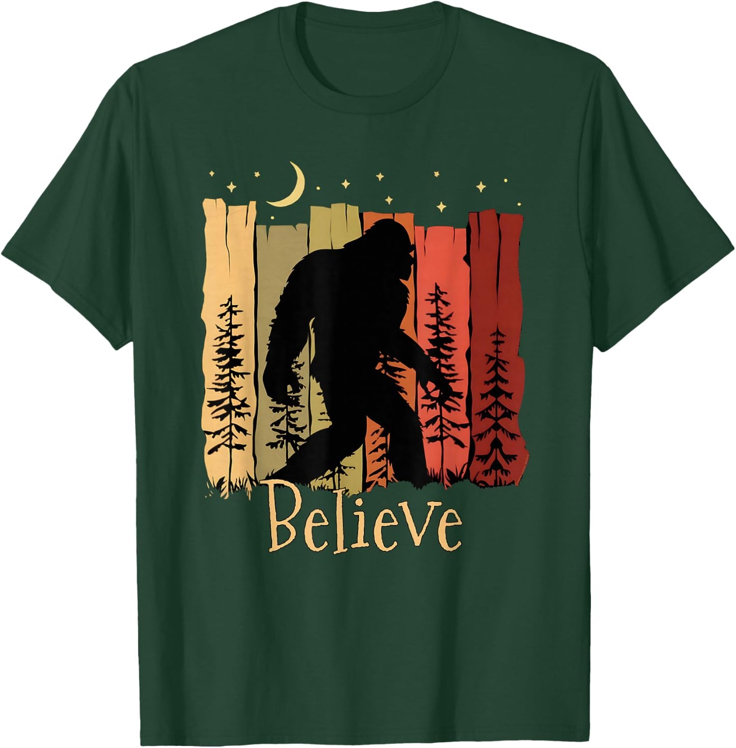 Bigfoot with Trees Moon Stars Sasquatch Believe Bigfoot T-Shirt - T-Shirt | Forest