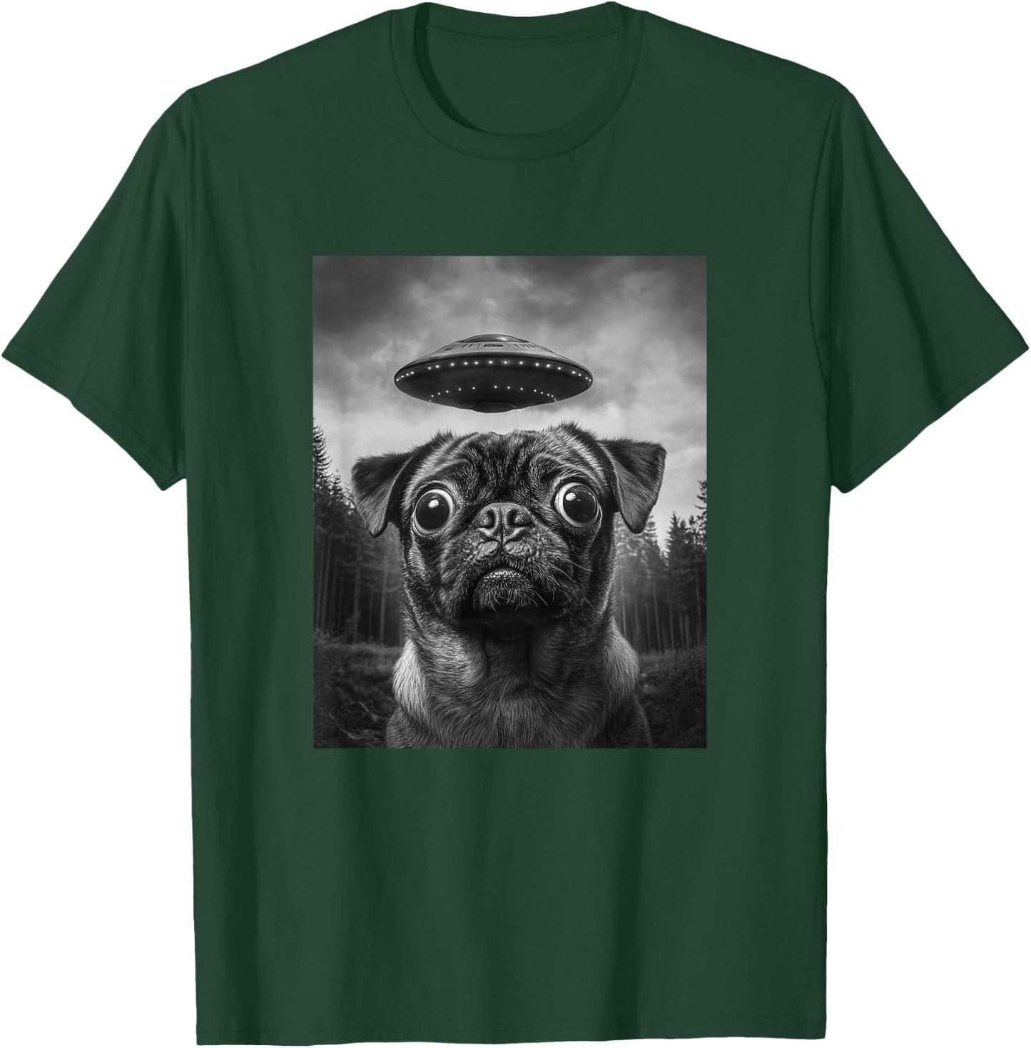 Funny Alien Pug Selfie with UFO T-Shirt - T-Shirt | Forest
