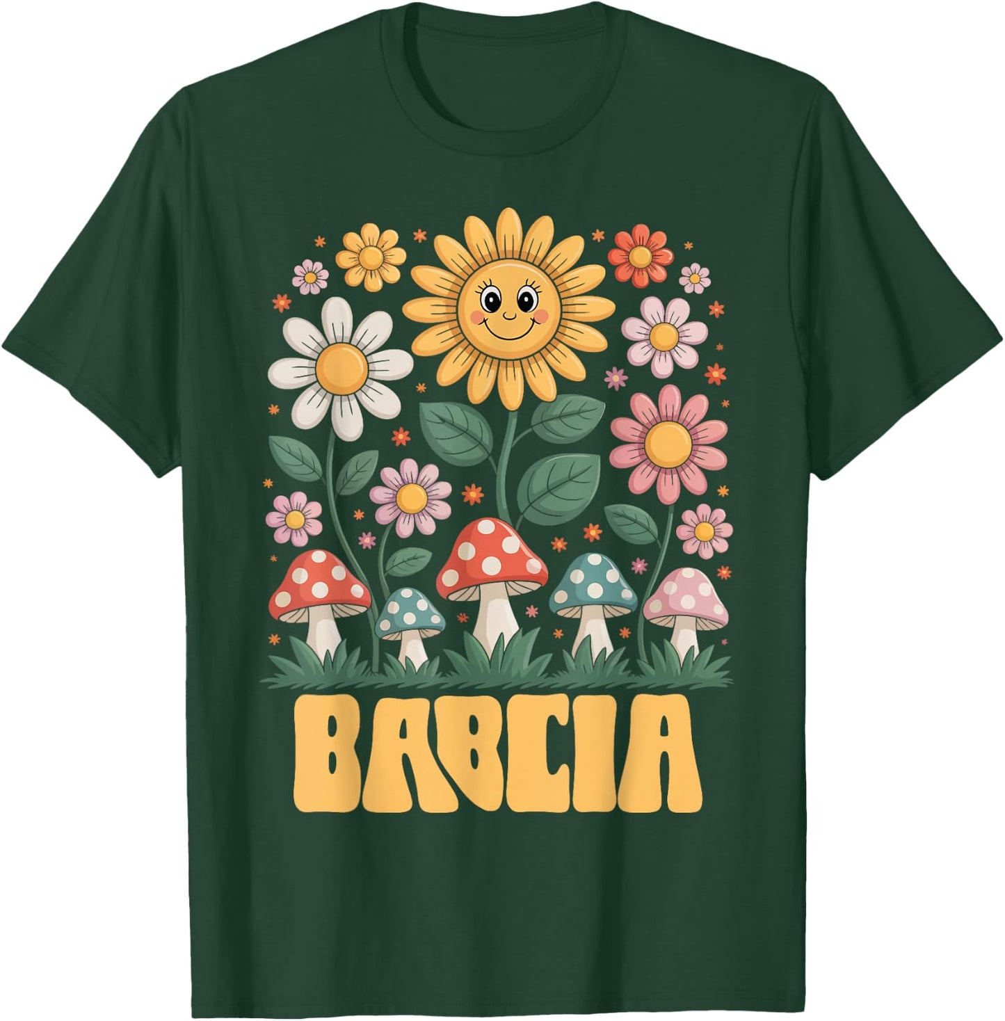 Babcia Mother’s Day Floral Sunflower Mushroom Style T-Shirt - T-Shirt | Forest
