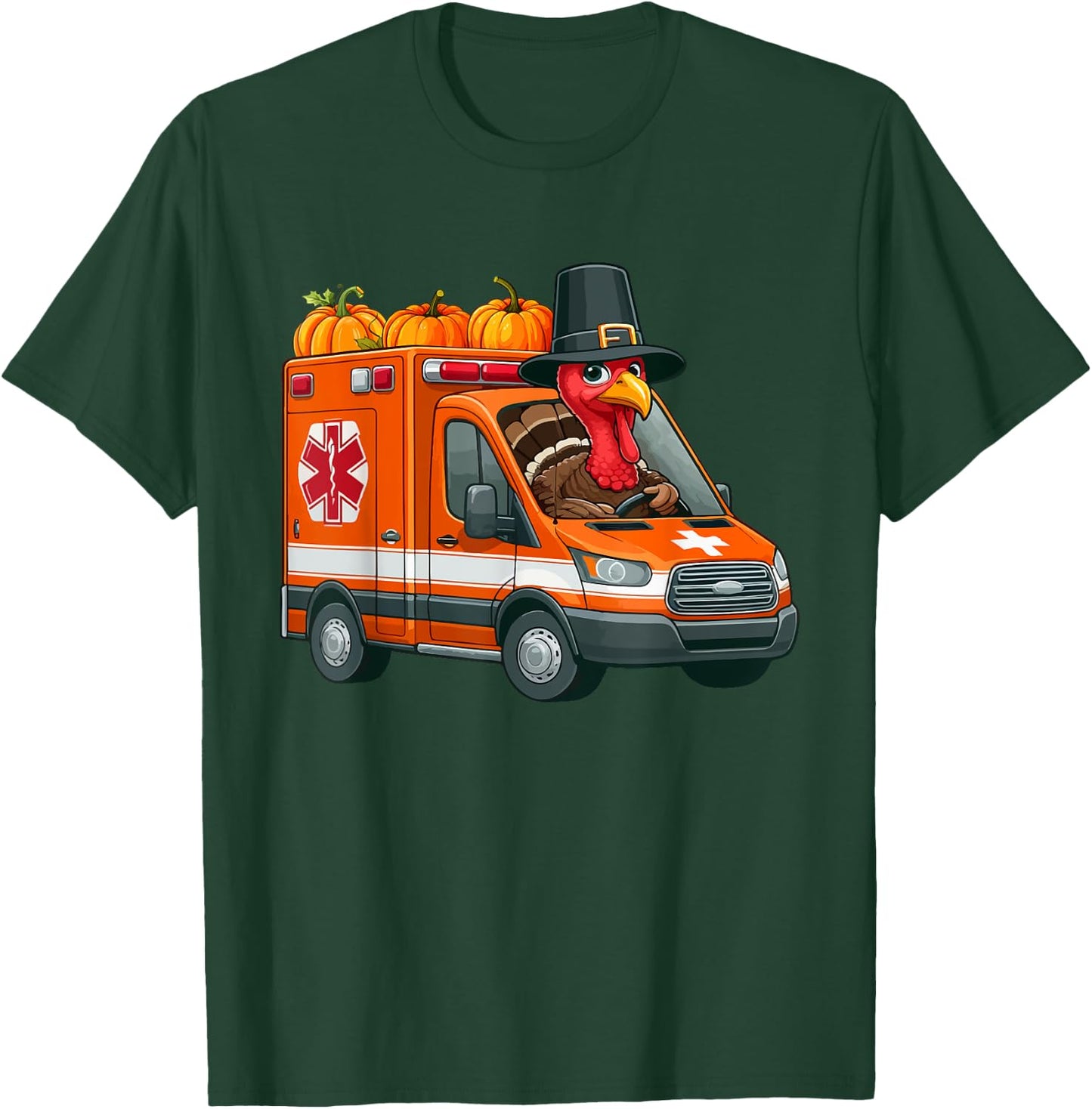Turkey Driving Ambulance Thanksgiving Driver Fall Pumpkins T-Shirt - T-Shirt | Forest