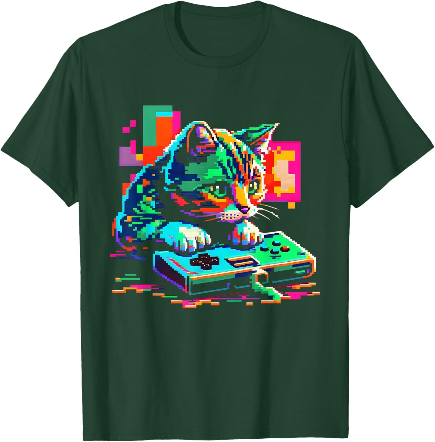 Cat Gaming 8-bit Gaming Cat Pixel Art Gamer Kitten Women Girls Kids T-Shirt - T-Shirt | Forest