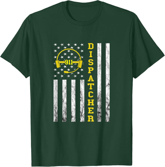 Dispatcher Vintage America USA Flag Headset 911 Operator Small T-Shirt - T-Shirt | Forest