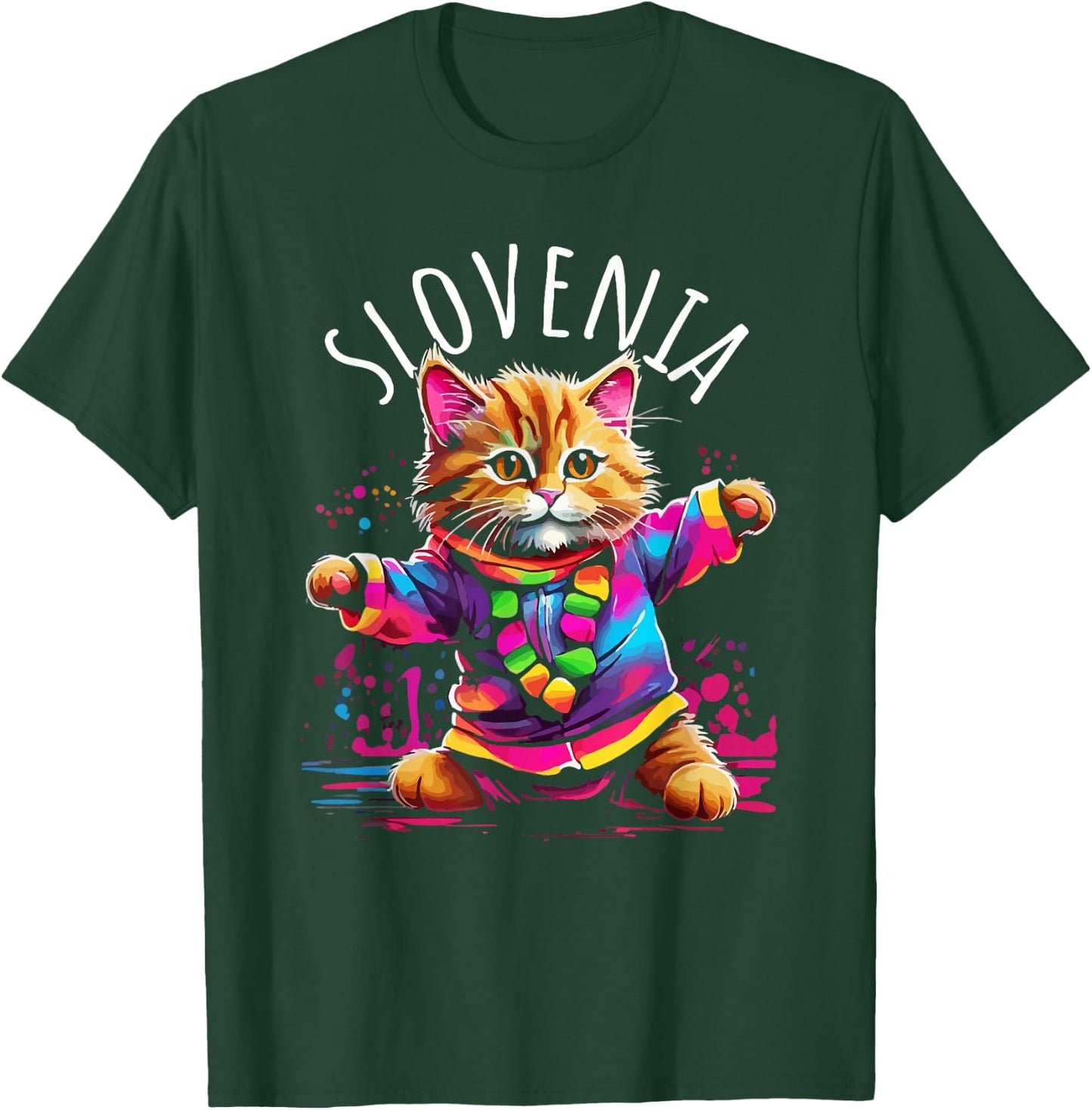 Slovenia Quirky Funny Cute Colorful Dancing Cat Design T-Shirt - T-Shirt | Forest