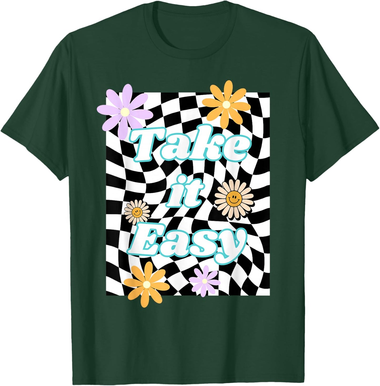 Take It Easy Checkered Groovy Smile Daisy Retro Flower T-Shirt - T-Shirt | Forest