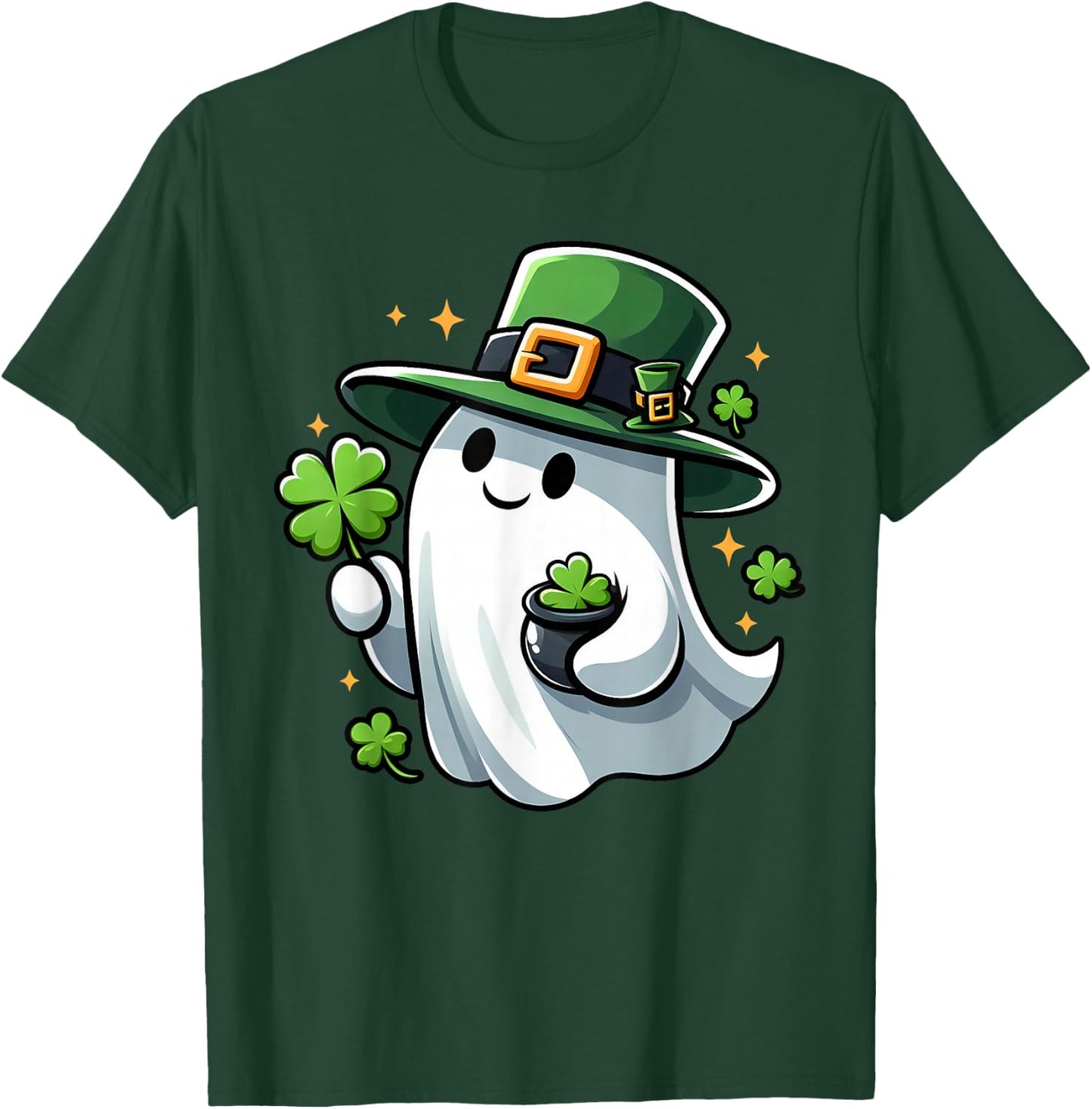 Saint Patricks Day Ghost Clover Pocket Cute My Boo Men Women T-Shirt - T-Shirt | Forest