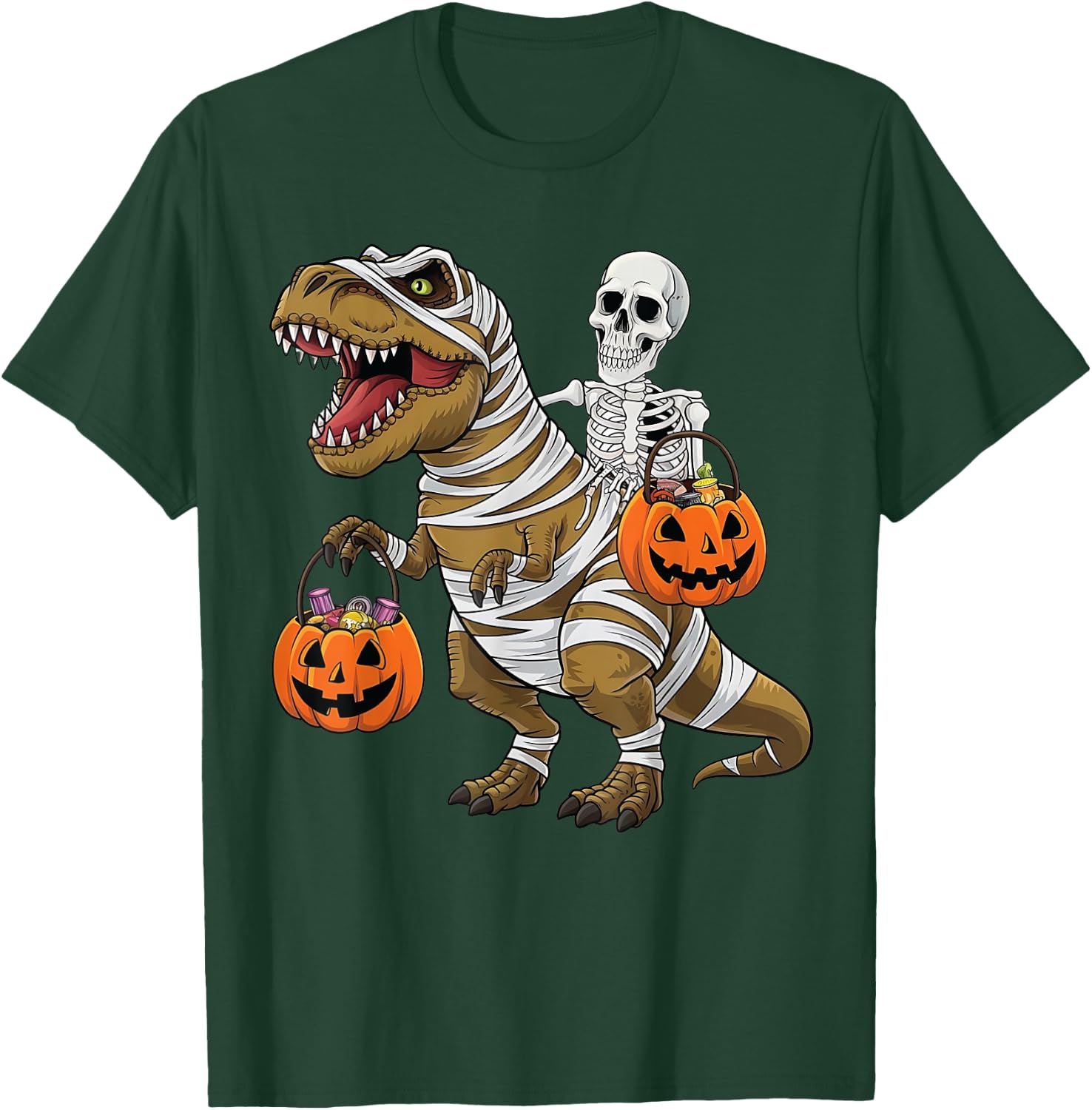 Skeleton Riding Mummy Dinosaur T rex Halloween Funny Pumpkin T-Shirt - T-Shirt | Forest