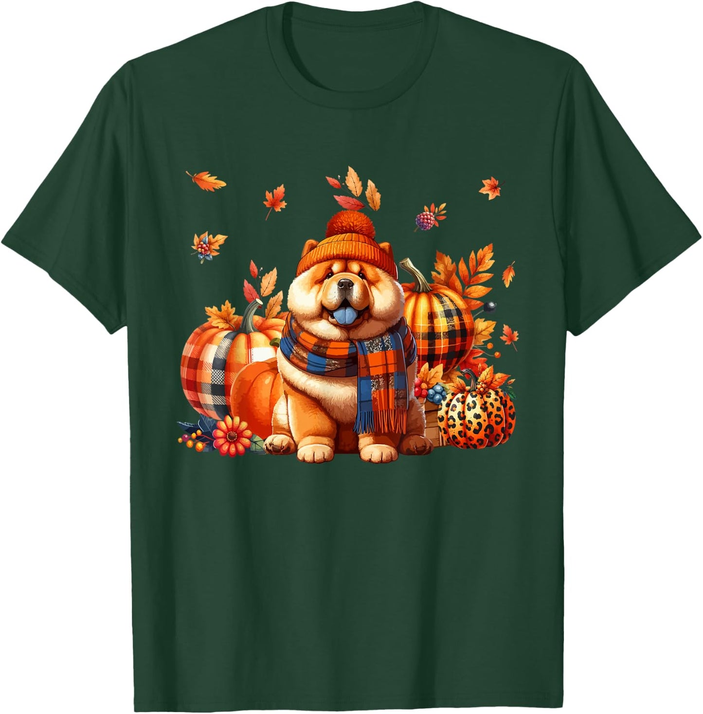 Chow Chow Thanksgiving Leopard Pumpkins Fall Leaves Lover T-Shirt - T-Shirt | Forest