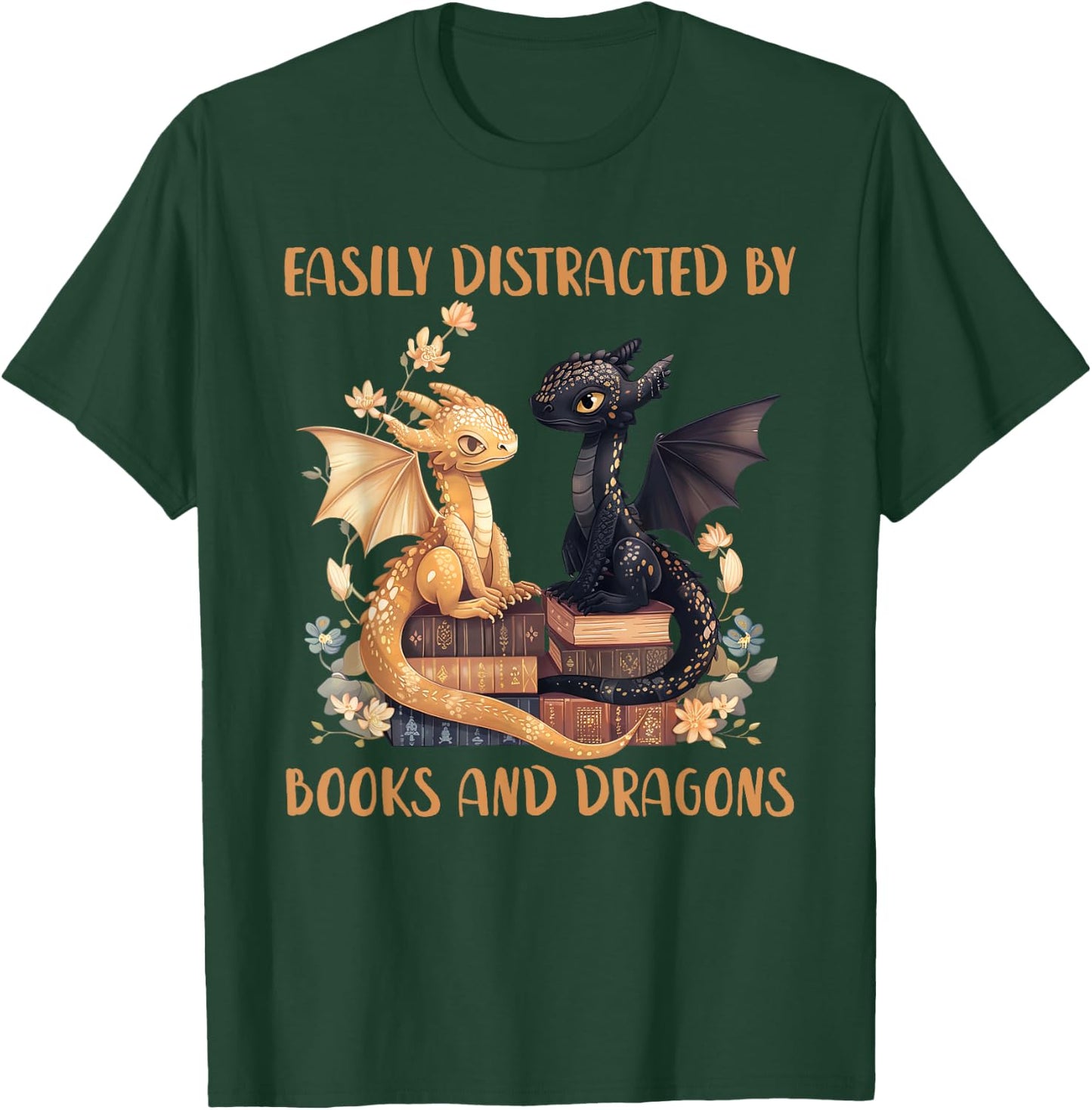 Easily Distracted By Books & Dragons Librarian Book Lover , Small, Black T-Shirt - T-Shirt | Forest