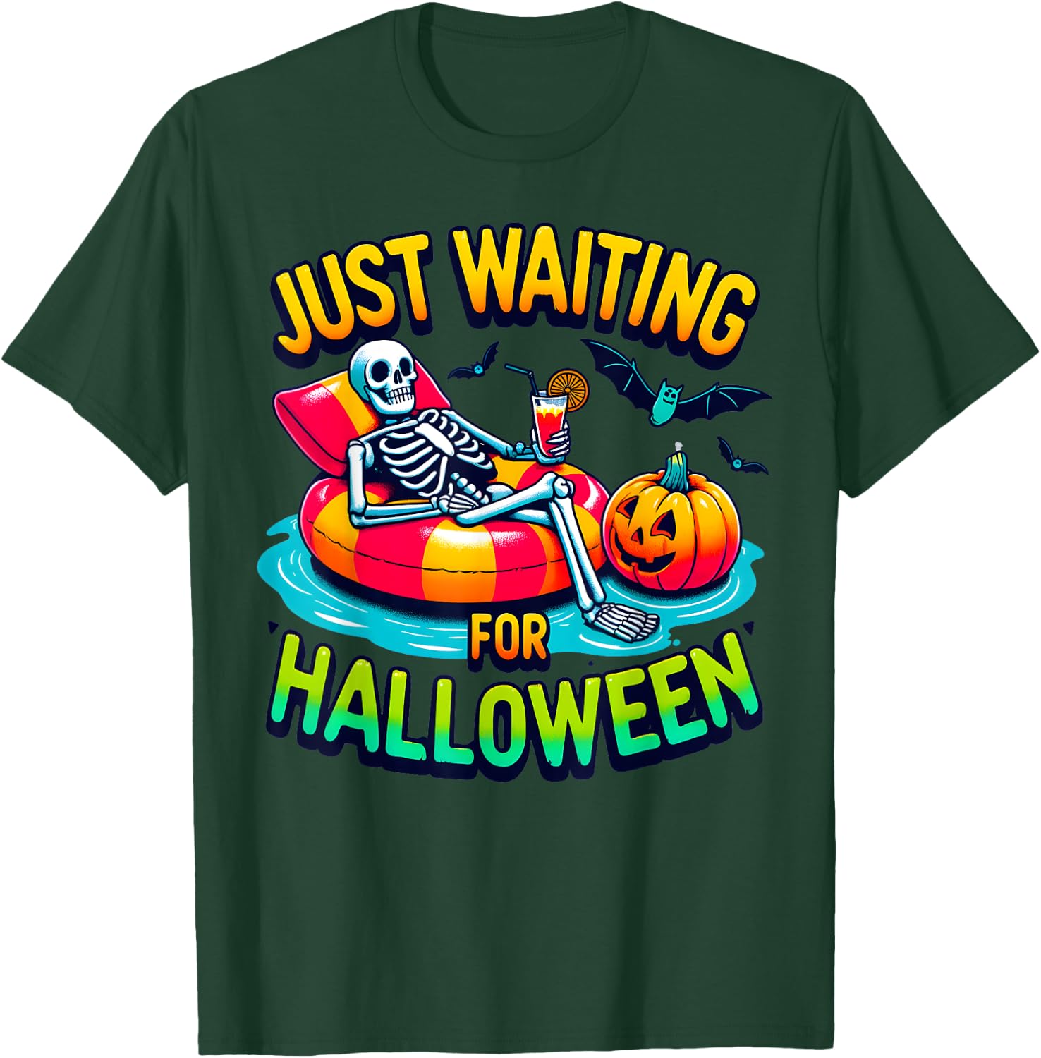 Just Waiting for Halloween Spooky Skeleton Summer Halloween Men Women T-Shirt - T-Shirt | Forest
