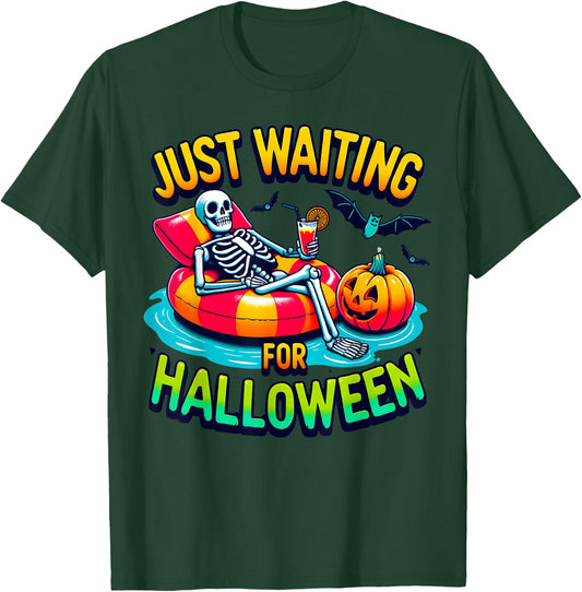 Just Waiting for Halloween Spooky Skeleton Summer Halloween Men Women T-Shirt - T-Shirt | Forest