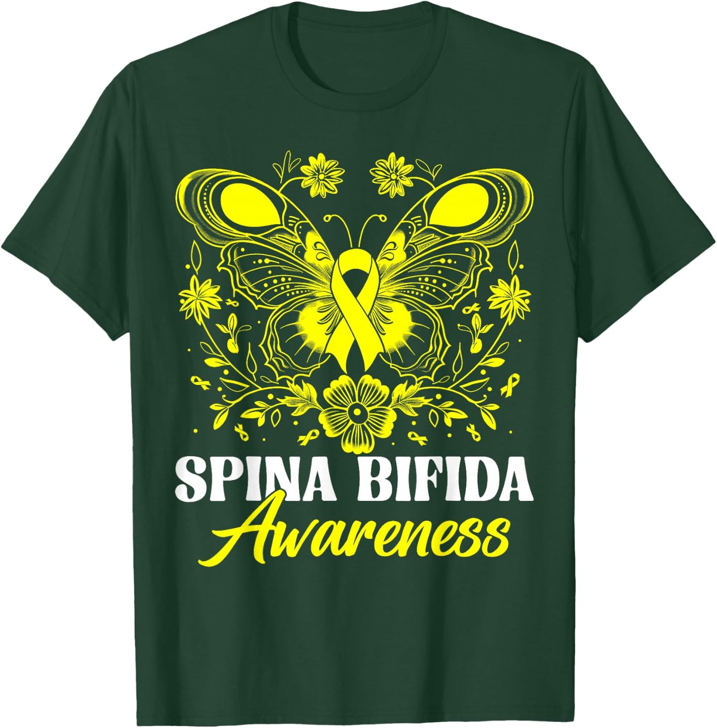 Spina Bifida Awareness Month Warrior Yellow Ribbon Butterfly T-Shirt - T-Shirt | Forest