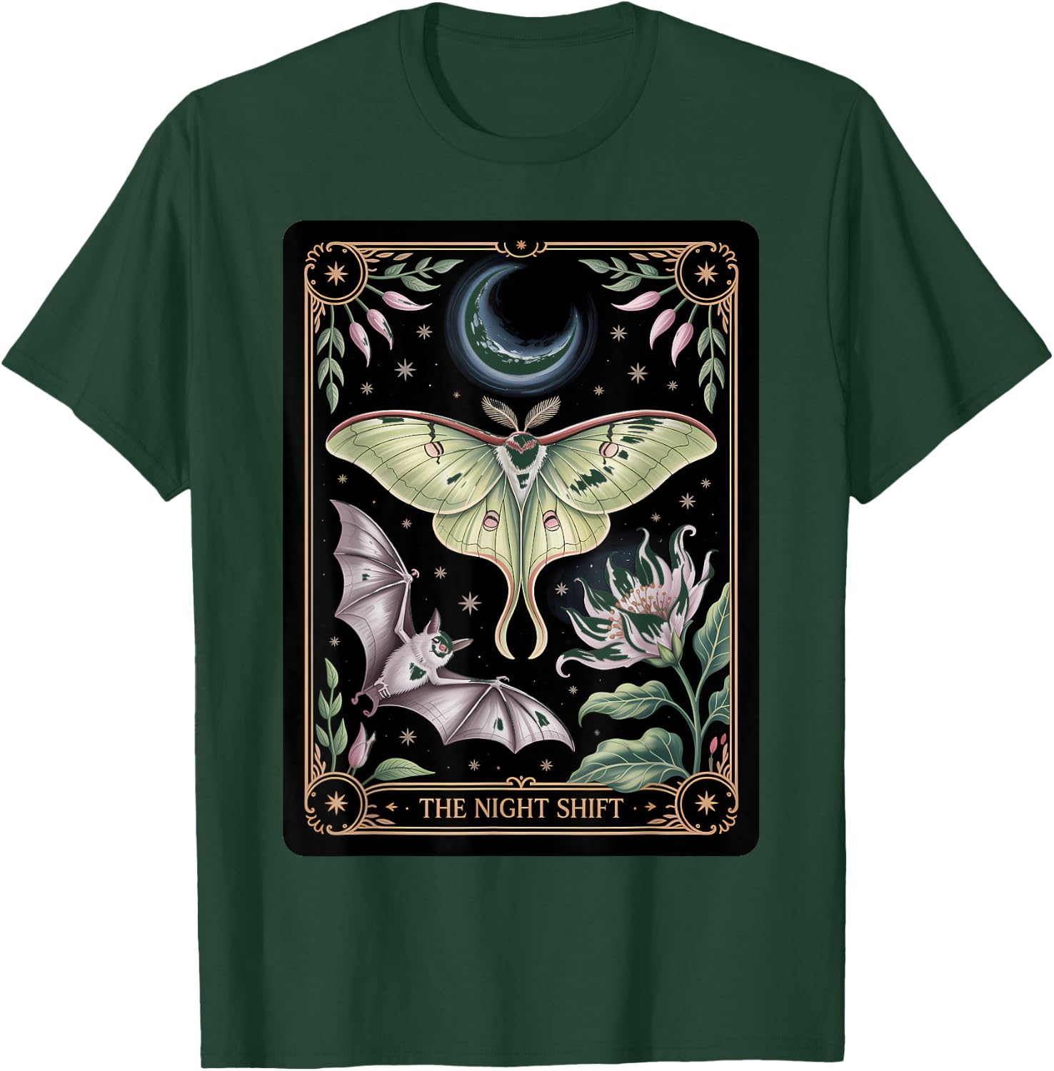 The Night Shift Mystical Luna Moth Bat Nocturnal Pollinator T-Shirt - T-Shirt | Forest