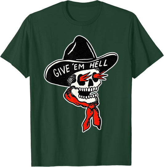 Cowboy Reaper Skull x Give em' Hell Traditional Tattoo Flash T-Shirt - T-Shirt | Forest