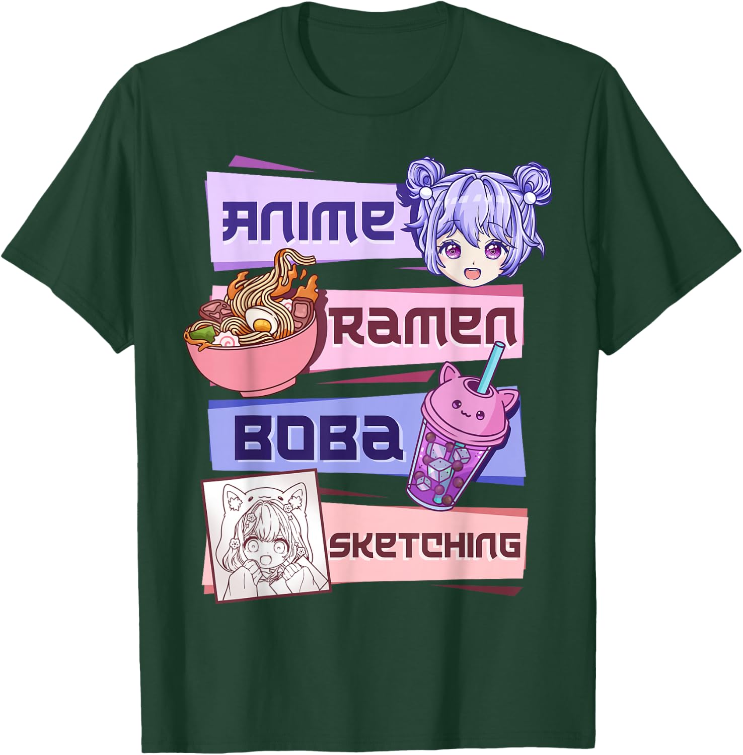 Anime Girl Ramen Boba Tea Bubble Tea Sketching T-Shirt - T-Shirt | Forest