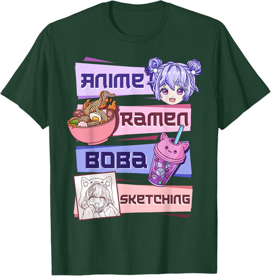 Anime Girl Ramen Boba Tea Bubble Tea Sketching T-Shirt - T-Shirt | Forest