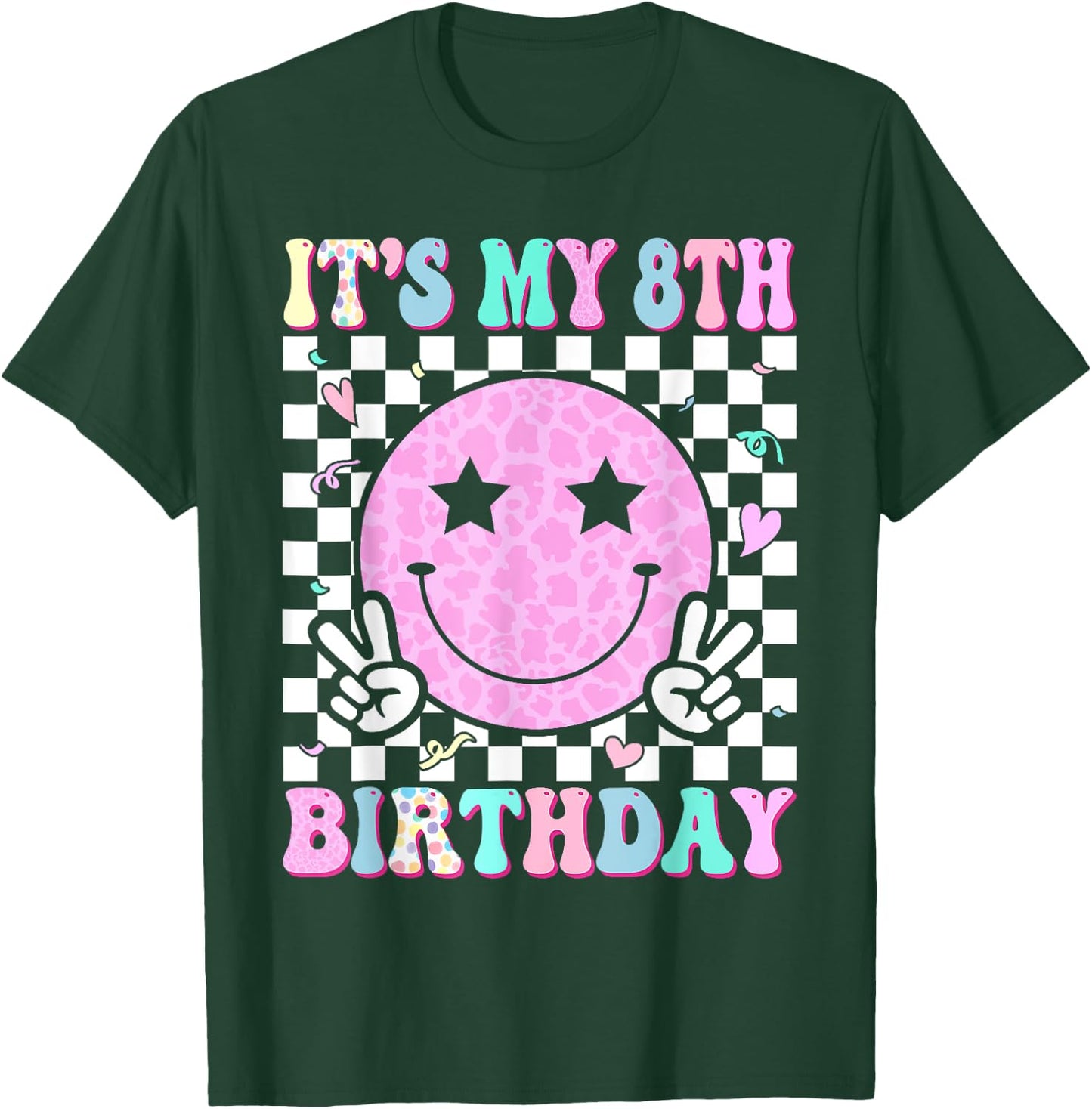 Groovy Hippie Smile Face It's My 8th Birthday 8 Years Old T-Shirt - T-Shirt | Forest