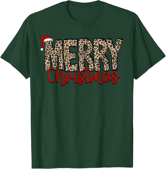Merry Christmas Leopard Santa Hat Cheetah Print Xmas Pajamas T-Shirt - T-Shirt | Forest