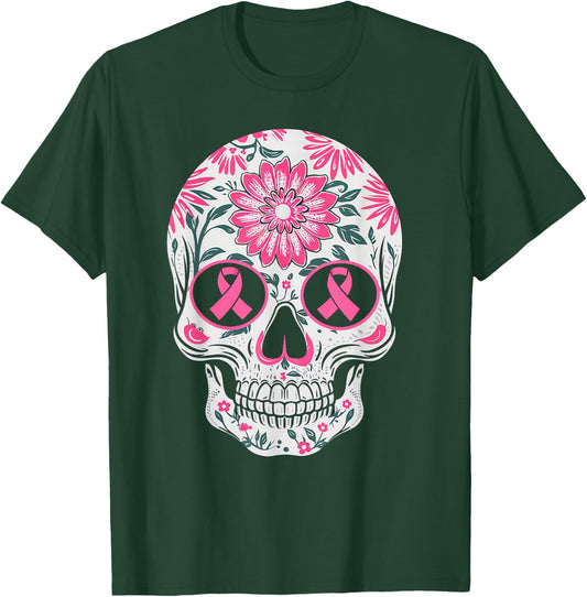 Pink Ribbon Skull Skeleton Breast Cancer Awareness T-Shirt - T-Shirt | Forest